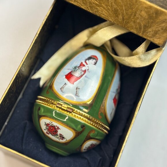 Vintage Hand-Painted Hinged Porcelain Egg Trinket Box With Gold Accents & Ribbon - Picture 5 of 7